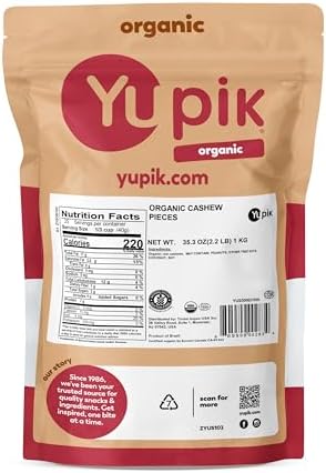 Yupik Organic Raw Cashew Pieces, 2.2 lb (35.2 oz), Gluten-Free, Kosher, Non-GMO, Vegan, Chopped Nuts, Unsalted, Unroasted, Oil-Free, Crunchy Cashews, Ideal for Baking & Cooking