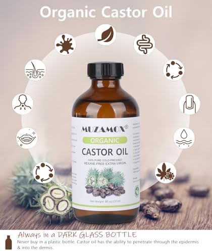 MUZAMOX Castor Oil Pack Wrap & 8fl.oz Glass Bottle Set, Organic Cold-Pressed Unrefined Castor Oil Included
