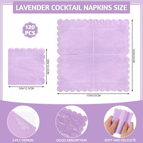 NatNarr 120 Pcs Purple Napkins,Scalloped Mothers Day Paper Napkins Disposable Lavender Cocktail Napkin Lilac Beverage Dessert Napkin for Birthday Wedding Bridal Baby Shower, 5 x 5 Inch