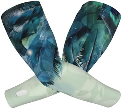 Watercolor Feather Colorful Peacock Feathers Turquoise Nation Bohemia Adult Ice Silk Cooling Arm Sleeves For Men Women,Breathable Elastic Arm Cover With Thumb.