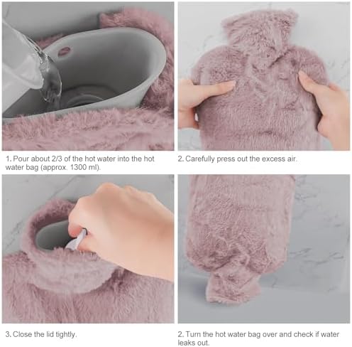 Hot Water Bottle with Cover, 2L Classic Rubber Hot Water Bag for Hand Feet Warmer Pink