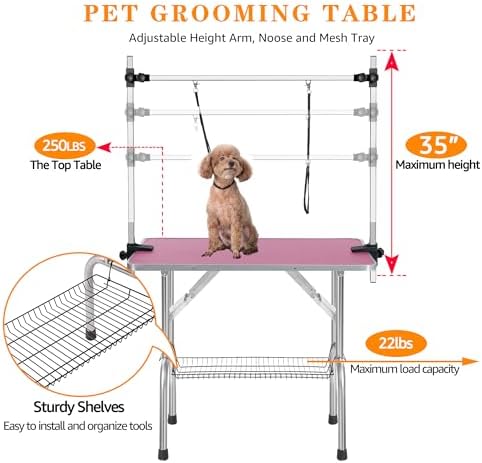 Professional Dog Pet Grooming Table Adjustable Heavy Duty Portable w/Arm & Noose & Mesh Tray (Pink, 36")