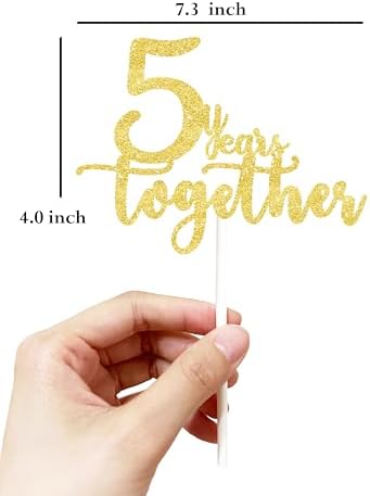 5 years together golden cake topper, happy 5th Anniversary Cake Toppers, 5th Anniversary Decorations, 5th Wedding Anniversary Party Supplies,Five Anniversary Cake topper