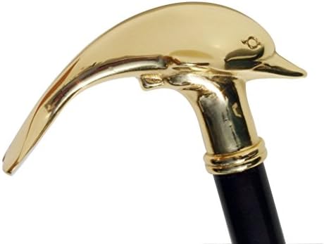 Brass Dolphin Walking Stick Cane - Party Dress Wood Cane for Women, Men, Seniors Balance - Fancy Wooden Stick for Mobility Aids, Stability, Knee Support - Elderly Assistance Products - 38" Brass