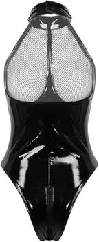 Sexy Women's Lingerie PVC Leather Mesh Bra Wetlook Halter Neck One Piece Clubwear Teddy Bodysuit