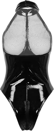 Sexy Women's Lingerie PVC Leather Mesh Bra Wetlook Halter Neck One Piece Clubwear Teddy Bodysuit