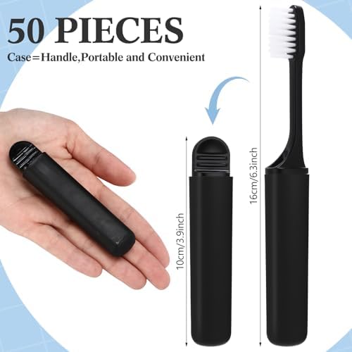 Rtteri 50 Pcs Travel Toothbrush Kit Bulk Folding Tooth Brush with Cover Transparent Potable Travel Size Mini Toothbrush Small Foldable Manual Tooth Brushes for Adult Camping School (Black Matte)