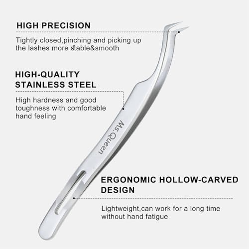 Ms.Queen Eyelash Extension Tweezers,Precision Fine Tip Grip Lash Tweezers for Individual and Volume Eyelash Extensions