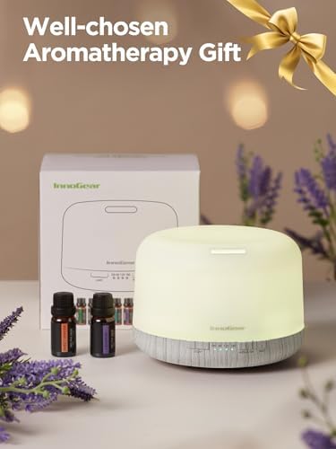 InnoGear Aromatherapy Diffuser & 10 Essential Oils Set, 500ml Essential Oil Diffuser with Remote Control Ultrasonic Cool Mist Scent Humidifier Vaporizer Auto-Off Timer for Valentine's Gift, White