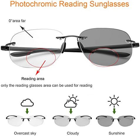 YIMI Photochromic Bifocal Reading Sunglasses Anti Blue Light Computer Glasses Rimless Transition Sun Readers for Women Men