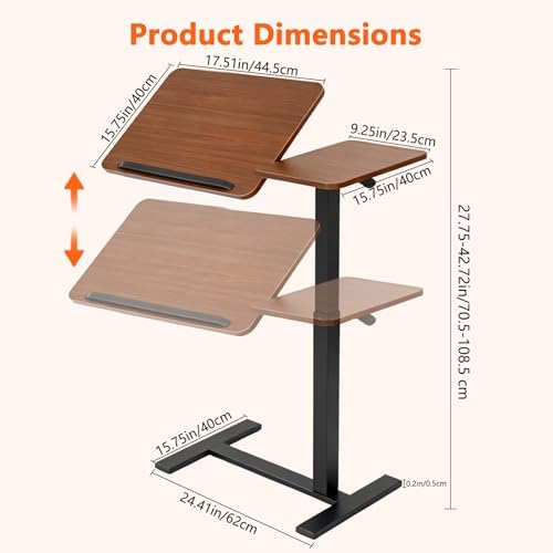 Overbed Bedside Table with Wheels, Pneumatic Adjustable Rolling Laptop Desk,Tiltable Bed Table Over The Bed,Mobile Standing Desk for Bedroom,Couch, Office and Home Use