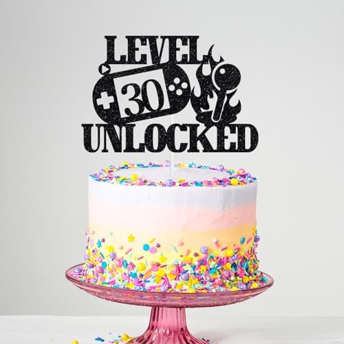 Glitter Level 30 Unlocked Cake Topper, Level Up Happy 30th Birthday Cake Topper, Video Game Controller Birthday Party Decorations Black