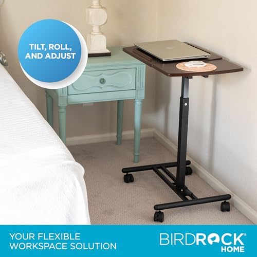BIRDROCK HOME Adjustable Mobile Laptop Stand - Brown - Portable Rolling Standing Desk - Computer Stands - Four Wheels - Overbed or Bedside Table
