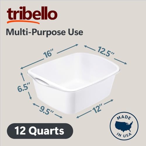 Tribello 2-Pack Dish Pans for Kitchen Sink, Plastic Tub Dishpan Wash Basin and Foot Bath for Soaking Feet, Wash Bucket for Washing and Storage Cleaning Supplies - 12 Quarts - Heavy Duty - (White)