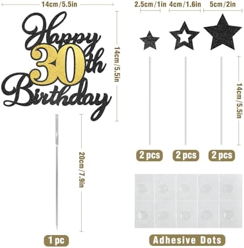 Happy 30th Birthday Cake Toppers, Black Gold Glitter Cake Decorations Set, 30th Birthday Decor for Him Her, Birthday Anniversary Party Decorations Supplies