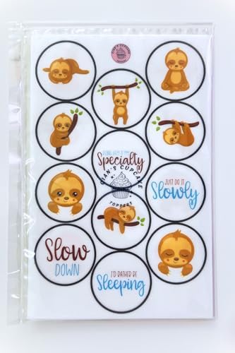 24 Sloth Cake Decorations, Cute Sloth Edible Cupcake Toppers - Stand Up Disc Wafer Cake Decorations, Rainforest Animal Jungle Baby Shower, 4cm / 1.5 Inch Wafer Card Discs UNCUT