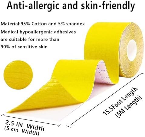 SOON GO Kinesiology Tape, 2IN x 16.4FT Uncut Athletic Tape, Waterproof Breathable Latex-Free, Muscle Recovery & Joint Support,Yellow (1/2/5 Rolls)