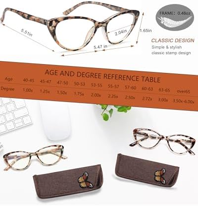 EYEURL Cat Eye Reading Glasses for Women -2 Pack of Blue Light Blocking Readers Spring Hinge Computer Eyeglass with Tortoise/Champagne Pattern Design Readers for women +1.50