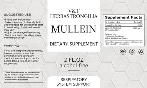 V&T Herbastrongilia .Mullein Leaf. Tincture Drops. 2fl oz. Alcohol Free. Liquid Extract. Vegan. Non - GMO & GMO Free. Herbal Supplement. Organic. Lung Cleanse.Immune, Respiratory Support. Detox