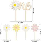 Daisy ONE Cake Topper - 5Pcs Wood Painted Colorful Boho Groovy Daisy Flower Dessert Cupcake Topper Food Safe Cake Picks Cheers Decorations Featuring Baby Shower Kids Birthday Party Supplies