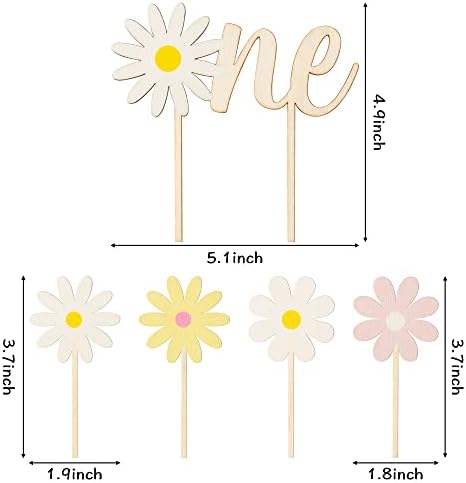 Daisy ONE Cake Topper - 5Pcs Wood Painted Colorful Boho Groovy Daisy Flower Dessert Cupcake Topper Food Safe Cake Picks Cheers Decorations Featuring Baby Shower Kids Birthday Party Supplies