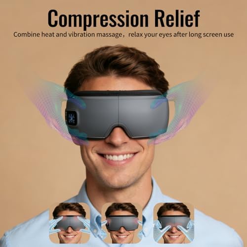 Eye Massager with Heat, Sleep Mask with Compression and Music for Migraines and Circles, Reduce Eyes Strain, Improve Sleep,for Women Men(Gray)