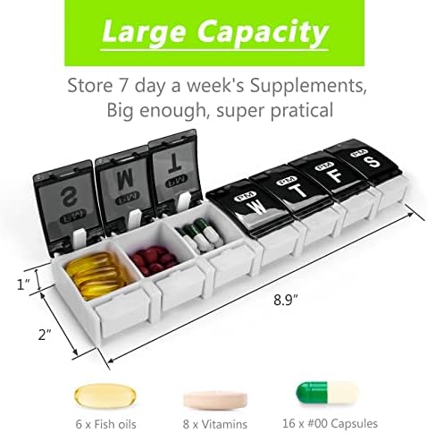 Extra Large Weekly Pill Organizer 2 Times a Day - Remtise Am/Pm Daily Pill Case Medicine Organizer, Push Button 7 Day Pill Box for Pills/Vitamin/Cod Liver Oil/Supplements (Black & White)
