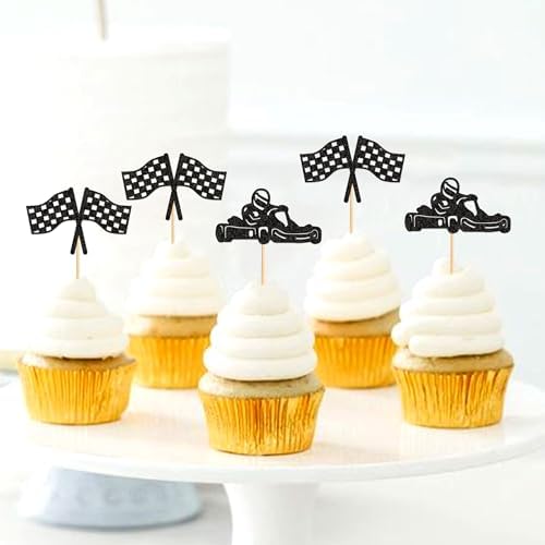 24PCS Race Car Cupcake Toppers Sparkling Trophy Flag Racing Cake Selected Racing Theme, Car Theme Party Supplies Baby Shower Boy Birthday Party Cake Decoration Supplie