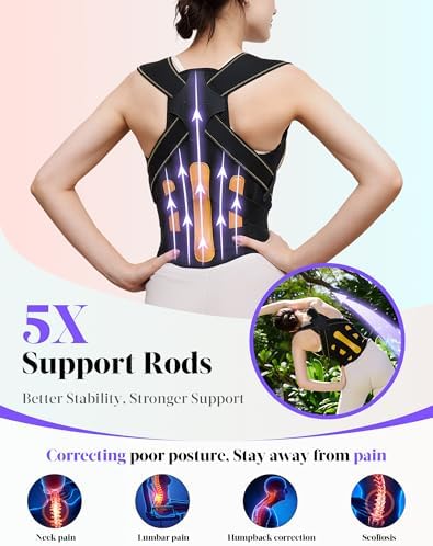 Posture Corrector for Women and Men, 5 Full Back Support Brace Rods, FSA&HSA Eligible, Adjustable Shoulder Straightener, Improving Hunchback Posture, Upper and Lower Back, Neck Pain Relief, Medium