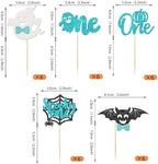 Rsstarxi 30 Pack Halloween Spooky One Cupcake Toppers Glitter Ghost Bat Spider Pumpkin First Birthday Cupcake Picks for Halloween Baby Shower Gender Reveal 1st Birthday Party Cake Decorations