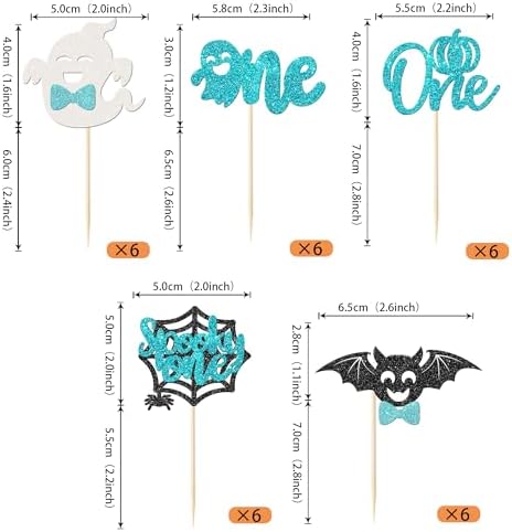Rsstarxi 30 Pack Halloween Spooky One Cupcake Toppers Glitter Ghost Bat Spider Pumpkin First Birthday Cupcake Picks for Halloween Baby Shower Gender Reveal 1st Birthday Party Cake Decorations