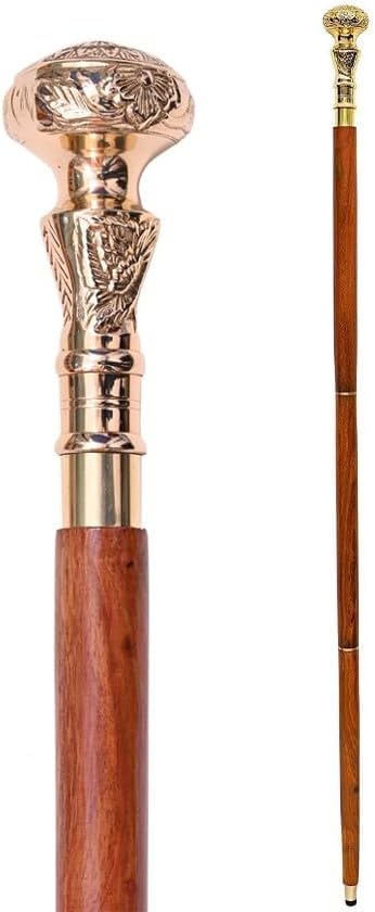 Golden Brass Knob Head Walking Cane for Men – Wooden Shaft with Antique Finish Handle, Decorative Gentleman’s Mobility Walking Stick