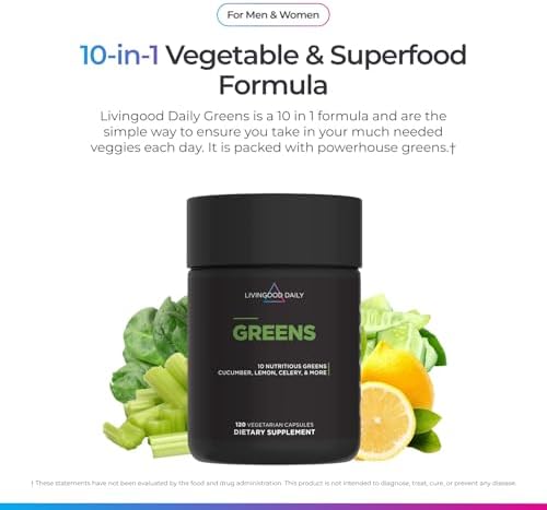 Livingood Daily Greens Capsules, Super Greens Supplement with Spirulina, Chlorella, Broccoli, Spinach, Celery, Lemon & More, Plant Based for Digestion & Gut Health, Non GMO, Vegetarian, 120 Ct