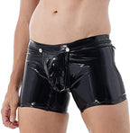 Hedmy Men's Latex PVC Faux Leather Short Pants Solid Buckled Open Crotch Boxer Shorts Hot Pants