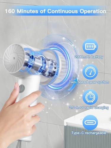 Electric Spin Scrubber - Cordless IPX7 Waterproof Shower Scrubber with 2 Speed Settings and 6 Replaceable Heads，Electric Cleaning Brush for Bathroom，Kitchen and Windows