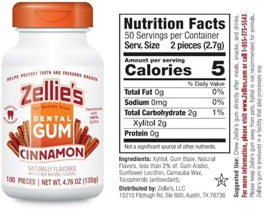 Zellie's | 100% Xylitol Cinnamon Chewing Gum | No Aspartame, Gluten Free, Vegan & Kosher (100 Count - Pack of 1)