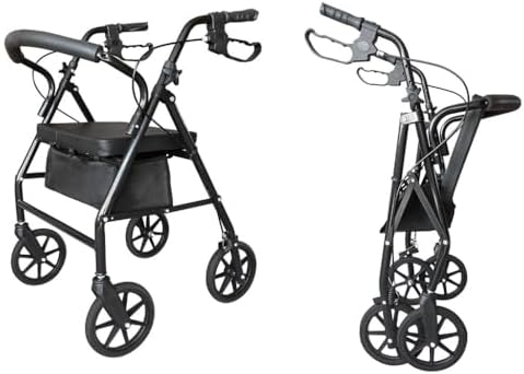 Folding Rollator Walker Steel Rolling Walker with All Terrain Large 8-inch Wheels and Seat Height Adjustable Aluminum Lightweight Foldable Walker Supports up to 286 lbs for Seniors, Rolling Wal
