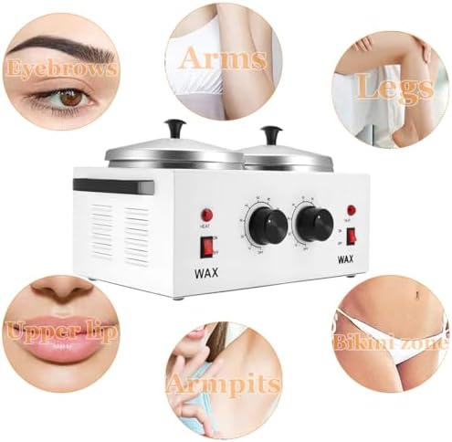 Wax Warmer Double Pot, Professional Electric Heater for Facial, Body, Spa, and Salon, 1.2L Dual Adjustable Temperature with 100 Wooden Craft Sticks, Hair Removal