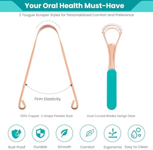 2Pcs Copper Tongue Scraper, Tongue Cleaner Set for Adults Kids, Stainless steel Wide Double Blades Oral Tongue Brush Cleaning Scrapping Sweeper for Fresh Breath and Mouth Hygiene Care with Travel Bag