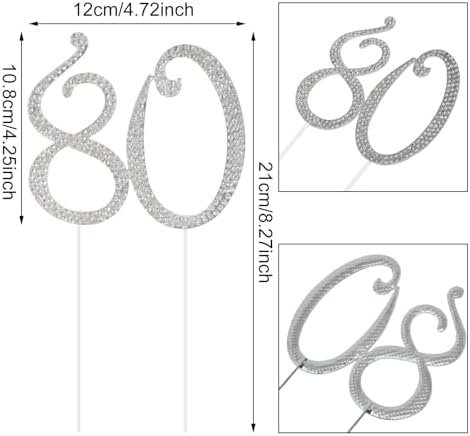 Honbay 80 Birthday Cake Topper Sparkling Bling Alloy Crystal Rhinestones Cake Topper Cake Decoration for 80th Birthday or Anniversary Party (Silver)