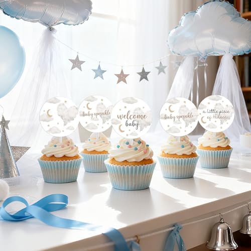 36Pcs A Little Piece of Heaven Cupcake Toppers Clouds Baby Shower Decorations Clouds Moons Stars Welcome Baby Cake Decorations for Boys Girls Baby Shower Supplies