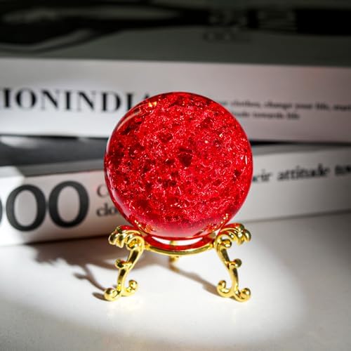 LONGWIN 60mm Ice Cracked Crystal Ball Decorative Glass Ball Home Decor Ornaments (Red)