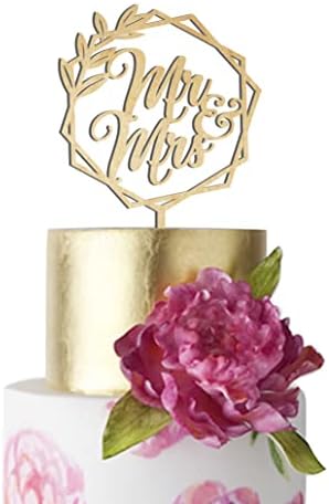 Mr and Mrs Wedding Cake Toppers Bride Groom Cake topper for Wedding Wooden Wreath Rustic Hexagon Funny Decoration Mr&Mrs Sign Gold Silver Brown (Unpainted)
