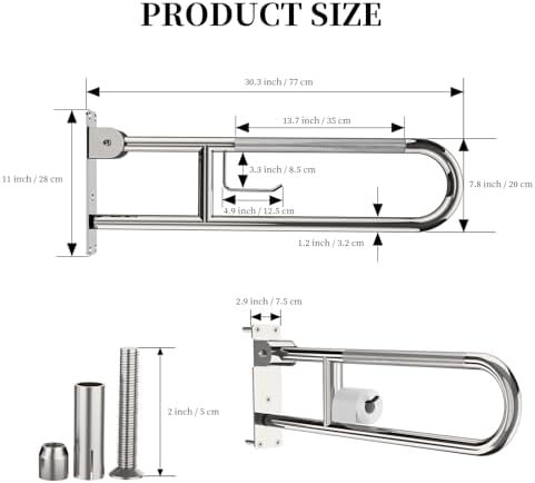 Toilet Grab Bar 30.3 Inch, YuanDe Flip Up Grab Bar with Paper Holder, Polished Chrome Anti-Slip Safety Bars for Toilet, Stainless Steel Knurled Toilet Handles for Seniors Disabled Elderly Pregnant