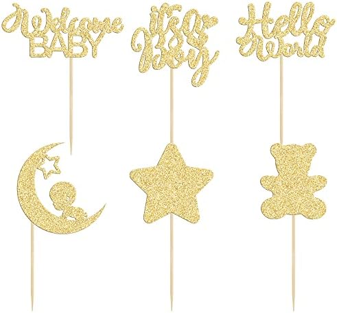 Gyufise 24Pcs Gold Glitter Baby Shower Boy Cupcake Toppers with Moon Bear Star It's a Boy Gender Reveal Cupcake Picks Decorations for Baby Shower Kids Boys Birthday Party Supplies