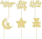 Gyufise 24Pcs Gold Glitter Baby Shower Boy Cupcake Toppers with Moon Bear Star It's a Boy Gender Reveal Cupcake Picks Decorations for Baby Shower Kids Boys Birthday Party Supplies