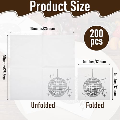 200 Pack Silver Napkins Disco Party Supplies - 25x25cm Black with Silver Foil Design, 20 Count per Pack, Disposable Cocktail Napkins for 70s 80s 90s Theme Birthday Engagement Graduation