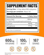 BulkSupplements.com Alpha GPC Powder - Choline Supplements, Alpha GPC 300mg - Unflavored & Gluten Free, 600mg per Serving, 100g (3.5 oz) (Pack of 1)
