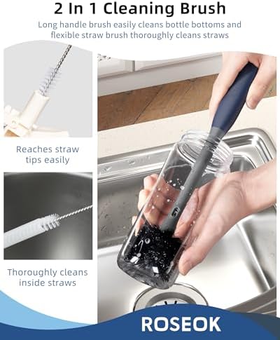 ROSEOK 2 in 1 Long Handle Bottle Brush with Straw Brush for Cleaning Glass, Sports Bottle, Coffee Mug, Gray, 1 Pack