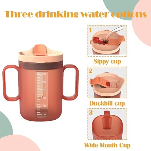 Spill Proof Sippy Cups for Seniors & Adults -10.2oz(300ml) Non-Spill Cups with 2 Handles & Straw Lid, Elderly Drinking Cups for Patients, Disabled, Pregnant Women, Dishwasher Safe (Orange)